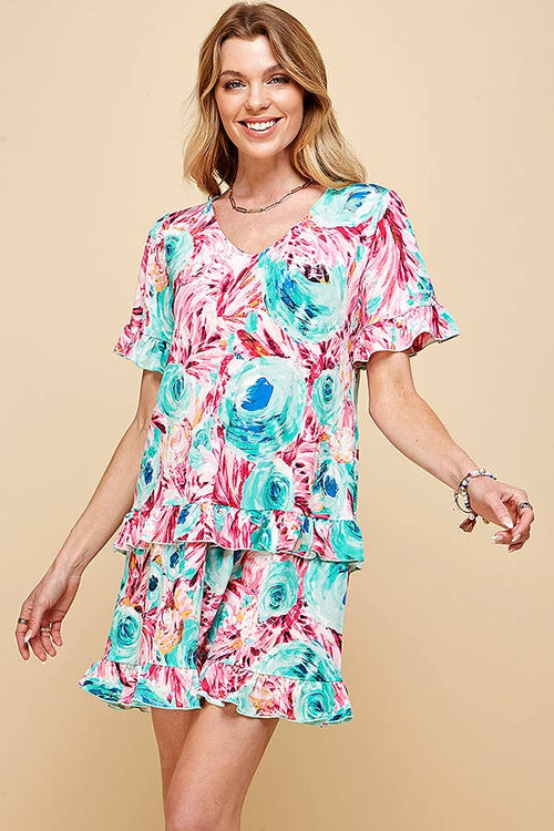 Shopin LA - SD21025-1011 - WOMEN FLORAL SHORT SLV MIDI DRESS WITH RUFFLE