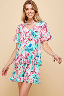 Shopin LA - .SD21025-1011 WOMEN FLORAL SHORT SLV MIDI DRESS WITH RUFFLE