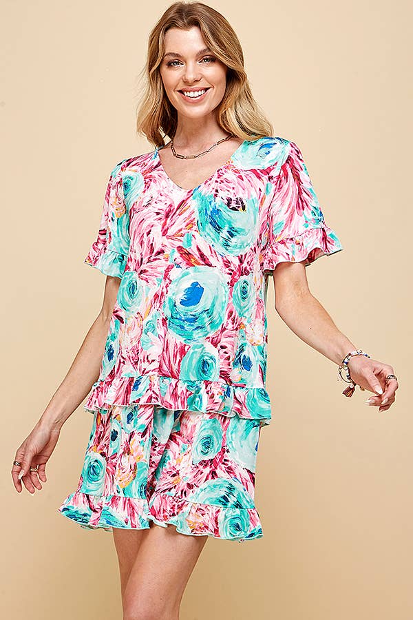 Shopin LA - .SD21025-1011 WOMEN FLORAL SHORT SLV MIDI DRESS WITH RUFFLE