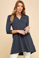 Shopin LA - Q2019D- WOMEN SOLID 3/4 SLEEVE MOCK V NECK TUNIC DRESS
