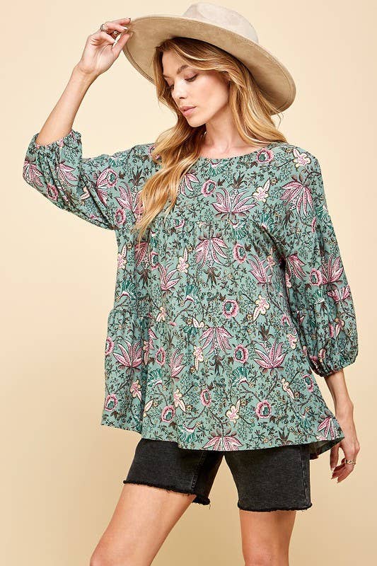 Shopin LA - SPT5152 - WOMEN VINTAGE FLORAL PRINT LONG SLV TOP W ELASTIC