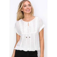 Perseption - Keyhole Tie Neck Pintuck Front Peasant Blouse