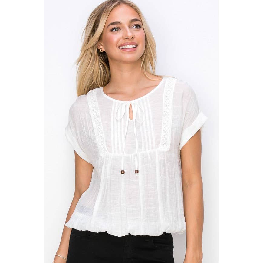 Perseption - Keyhole Tie Neck Pintuck Front Peasant Blouse