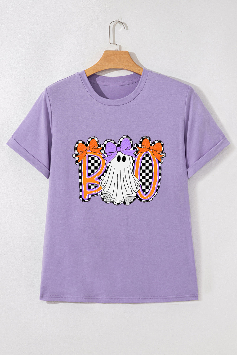Wisteria Boo Checkered Ghost Heat Transfer Printing Crewneck Graphic Tee