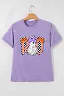 Wisteria Boo Checkered Ghost Heat Transfer Printing Crewneck Graphic Tee