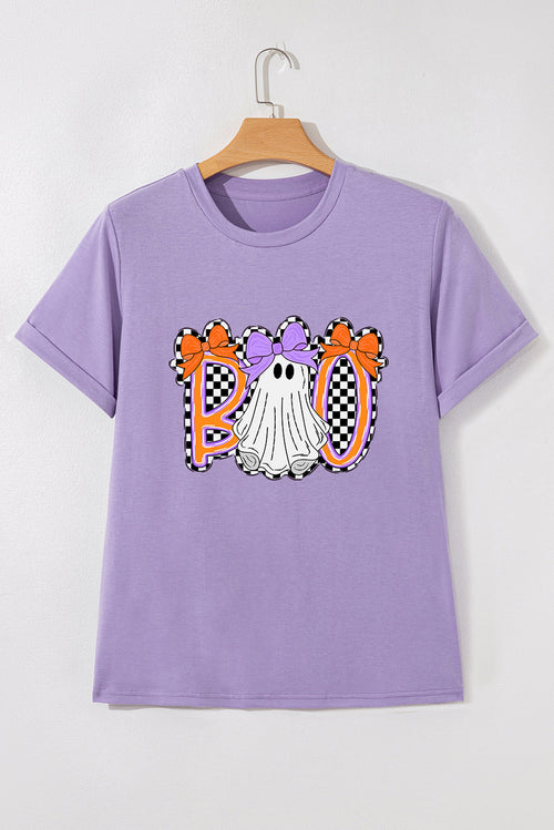 Wisteria Boo Checkered Ghost Heat Transfer Printing Crewneck Graphic Tee