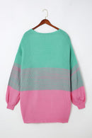 Rose Pompom Color Block Knit Open Front Cardigan