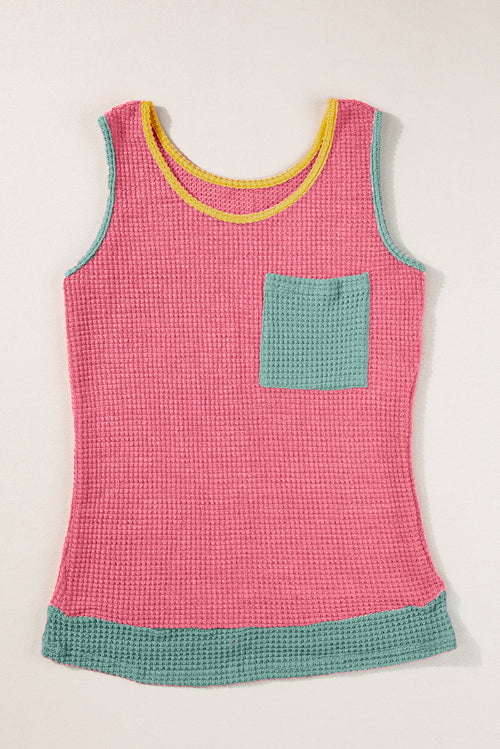 Rose Red Color Block Patched Pocket Waffle Knit Tank Top