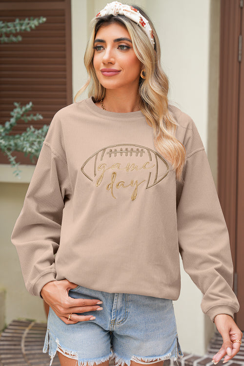 White Football Graphic Game Day Embroidered Corded Sweatshirt