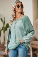 Orchid Petal Waffle Patchwork Raglan Sleeve Exposed Seam Sweatshirt