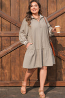 Khaki Stripe Zip up Collared Puff Sleeve Ruffled Plus Size Mini Dress