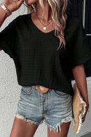 Bright Pink Textured Rolled Short Sleeve V Neck Blouse