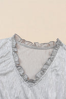 Black Frilled V Neck Metallic Crinkle Sleeveless Blouse