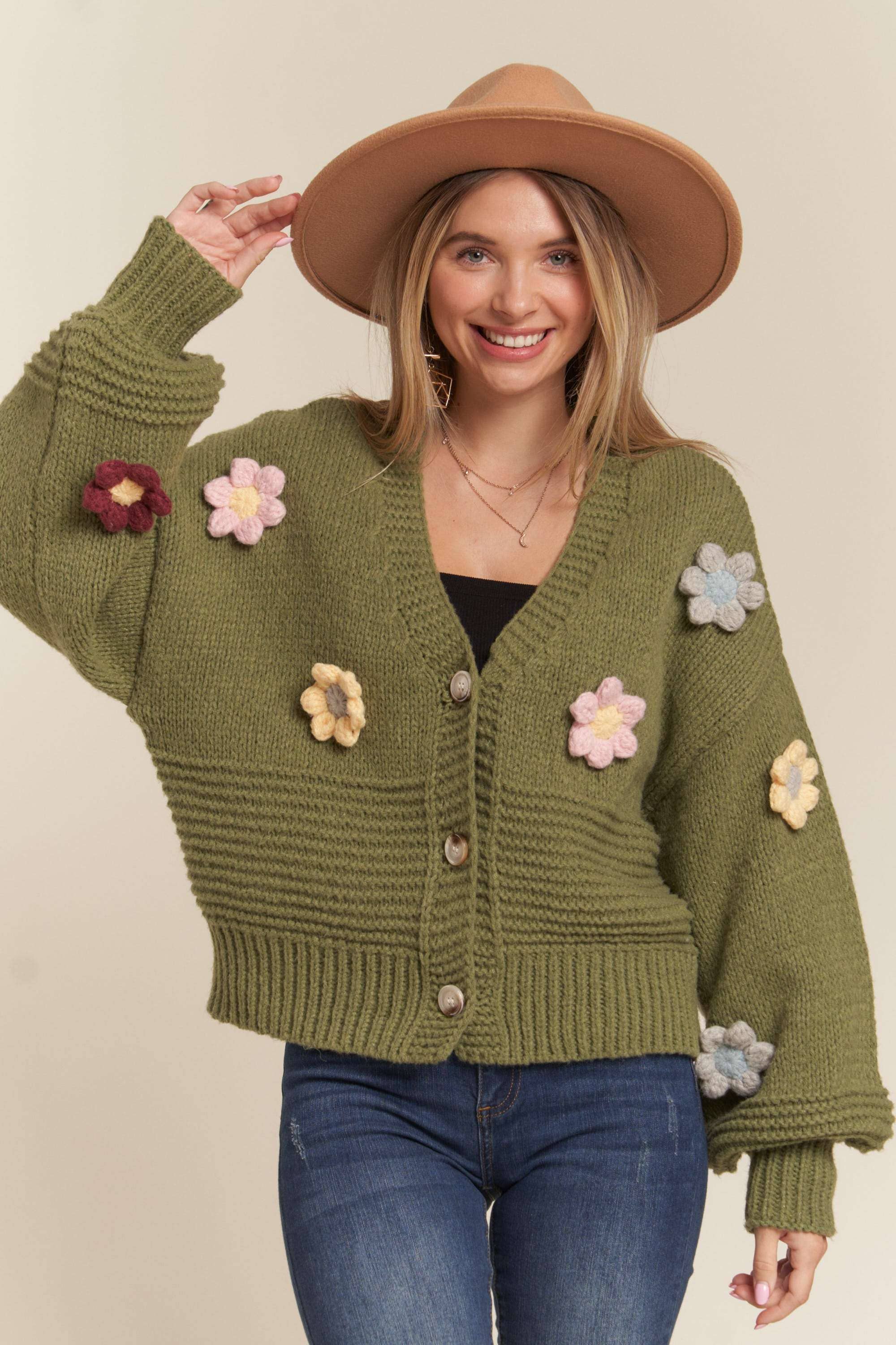 Madelyn - LESW2654- FLORAL PATCHED SWEATER CARDIGAN