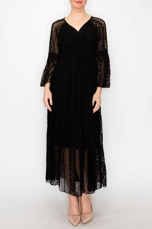 Origami Apparel ~ Lace and Crochet inspired - Romantic Lace Bell-Sleeved A-Line Midi Dress - 4658 BK S Origami Apparel ~ Lace and Crochet inspired - Romantic Lace Bell-Sleeved A-Line Midi Dress - 4658 BK S