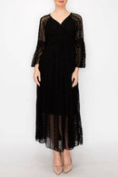 Origami Apparel ~  Lace and Crochet inspired - Romantic Lace Bell-Sleeved A-Line Midi Dress - 4658 BK