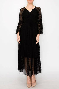 Origami Apparel ~  Lace and Crochet inspired - Romantic Lace Bell-Sleeved A-Line Midi Dress - 4658 BK