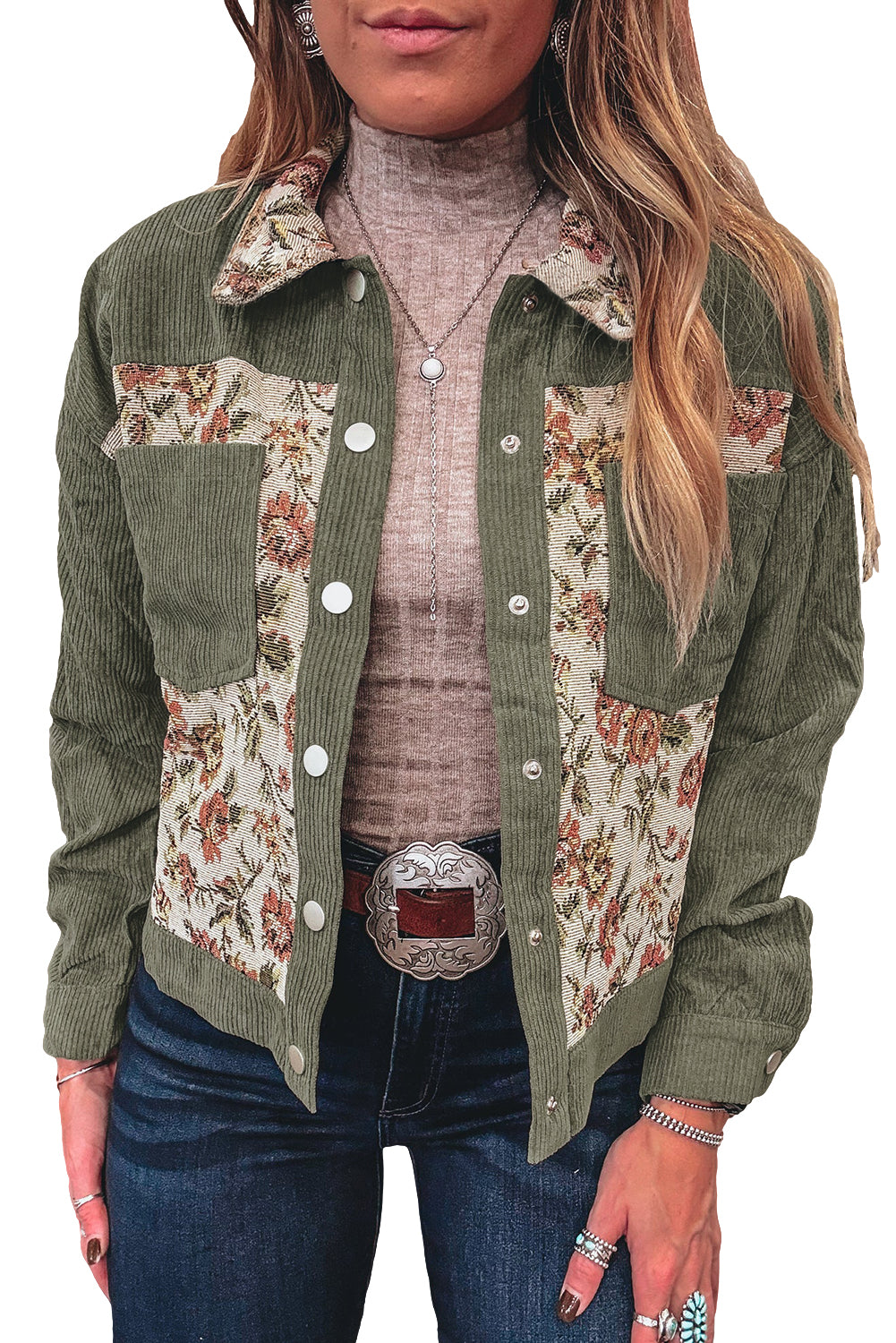 Clay Ribbed Retro Floral Patchwork Jacket