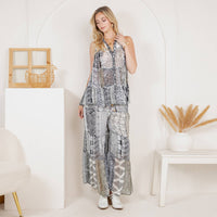 Young Threads - Boho Patchwork Set: Buttondown Top & Flared Pants