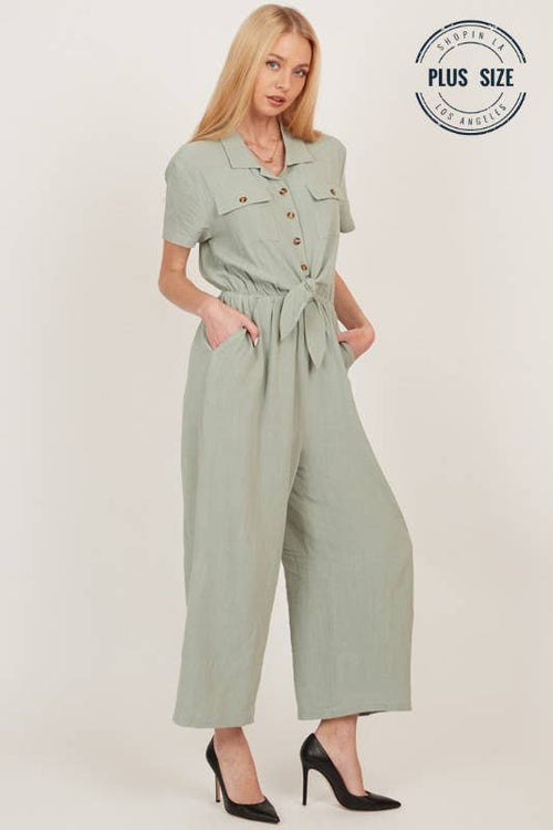 Shopin LA - CSP9220P - PLUS BUTTON UP FRONT POCKET COLLARED JUMPSUIT