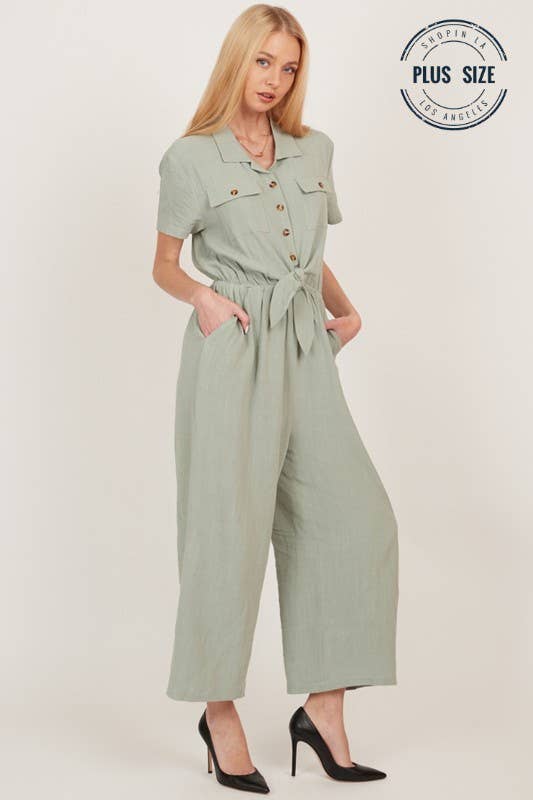 Shopin LA - CSP9220P - PLUS BUTTON UP FRONT POCKET COLLARED JUMPSUIT