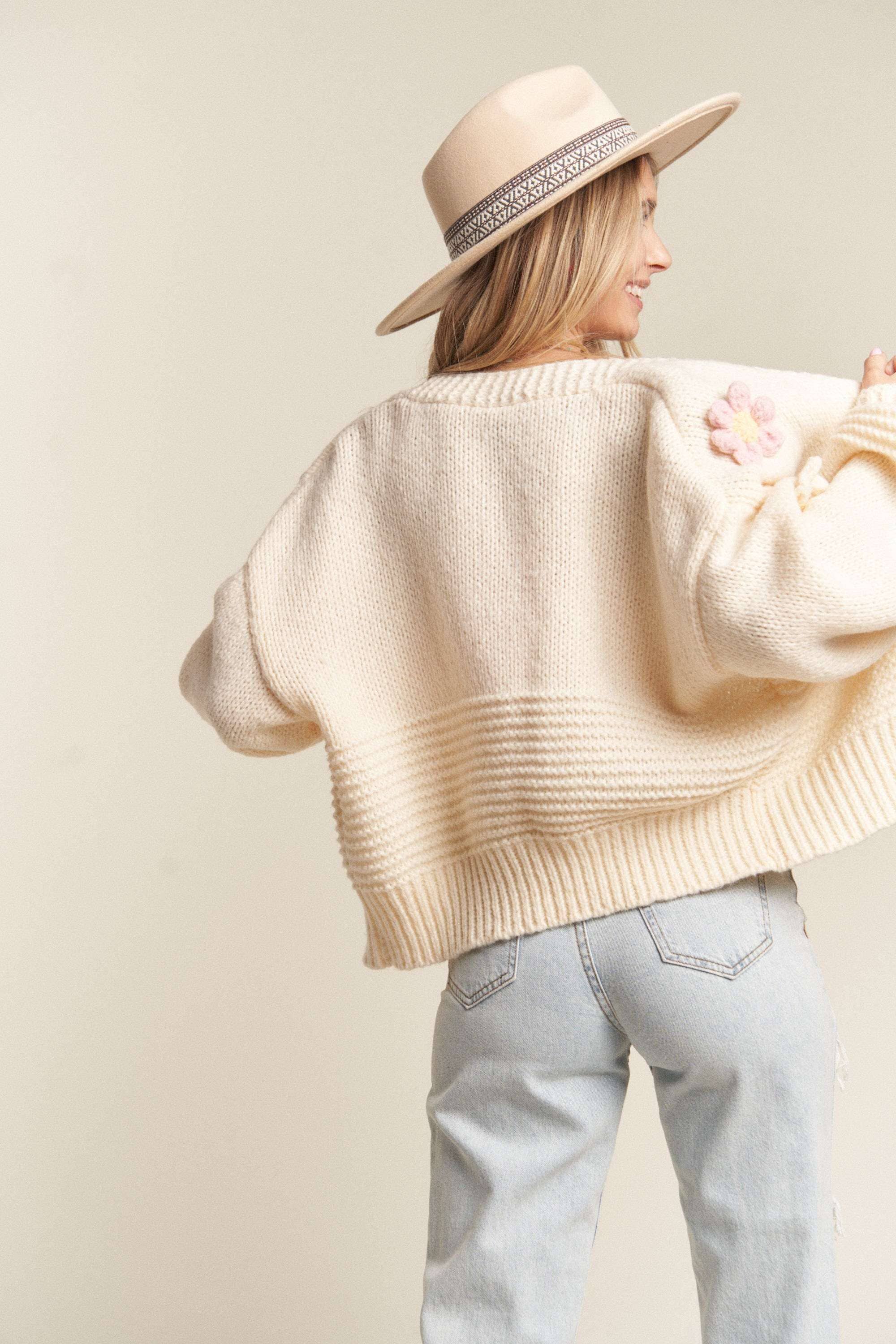 Madelyn - LESW2654- FLORAL PATCHED SWEATER CARDIGAN