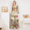 Young Threads - Bohemian Patchwork Set: Tie-Front Top & Flowing Tiered Pants