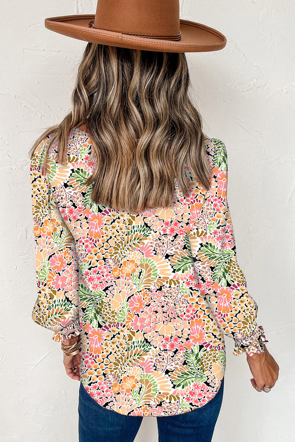 Multicolor Floral Print Smocked Cuffs Long Sleeve Blouse