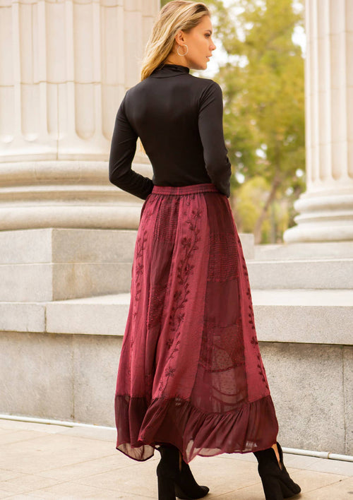 Young Threads - Women Patchwork Embroidered Maxi Skirt With Side Pockets: CHARCOAL TRIM / REGULAR (S-M-L-XL 1-2-2-1)
