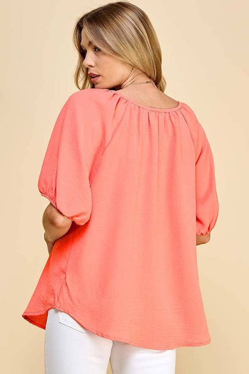 Shopin LA - ST4082D - WOMEN SOLID PUFF SHORT SLV WOVEN TOP W TIE DETAIL