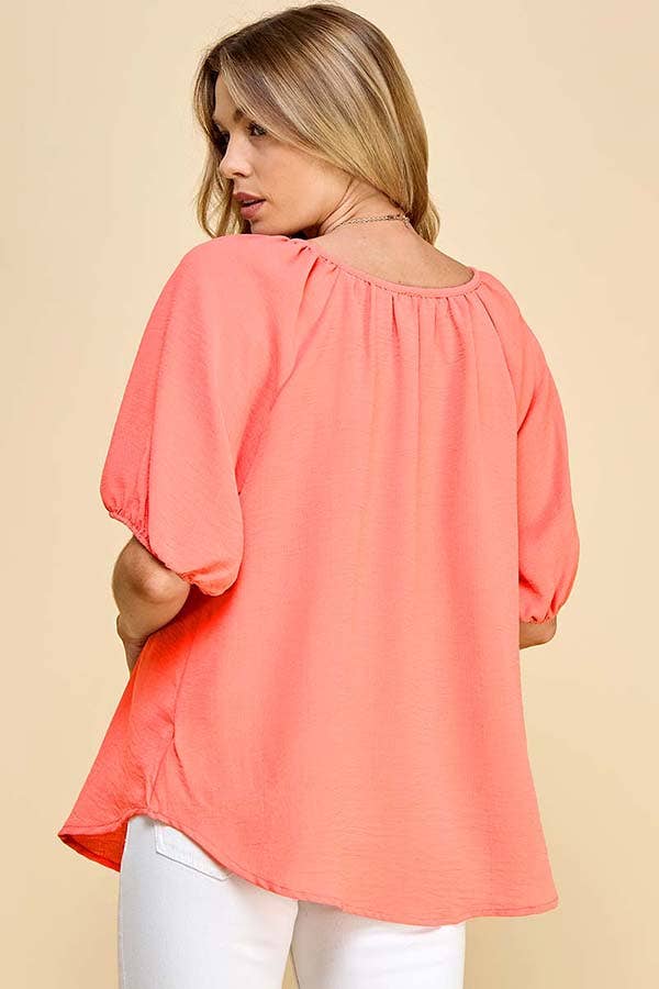 Shopin LA - ST4082D - WOMEN SOLID PUFF SHORT SLV WOVEN TOP W TIE DETAIL