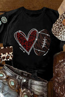 Black Rhinestone Rugby Heart Shape Graphic Crewneck T Shirt
