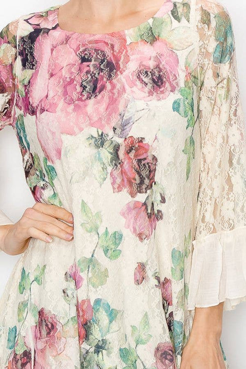 Origami Apparel ~  Lace and Crochet inspired - OLS-4565 BG/BIG ROSE Dress