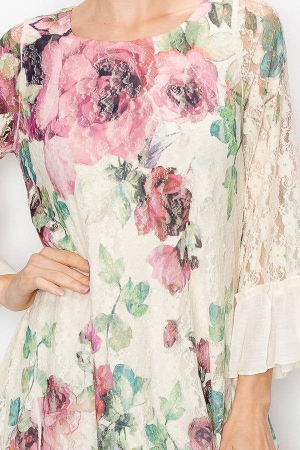 Origami Apparel ~  Lace and Crochet inspired - OLS-4565 BG/BIG ROSE Dress