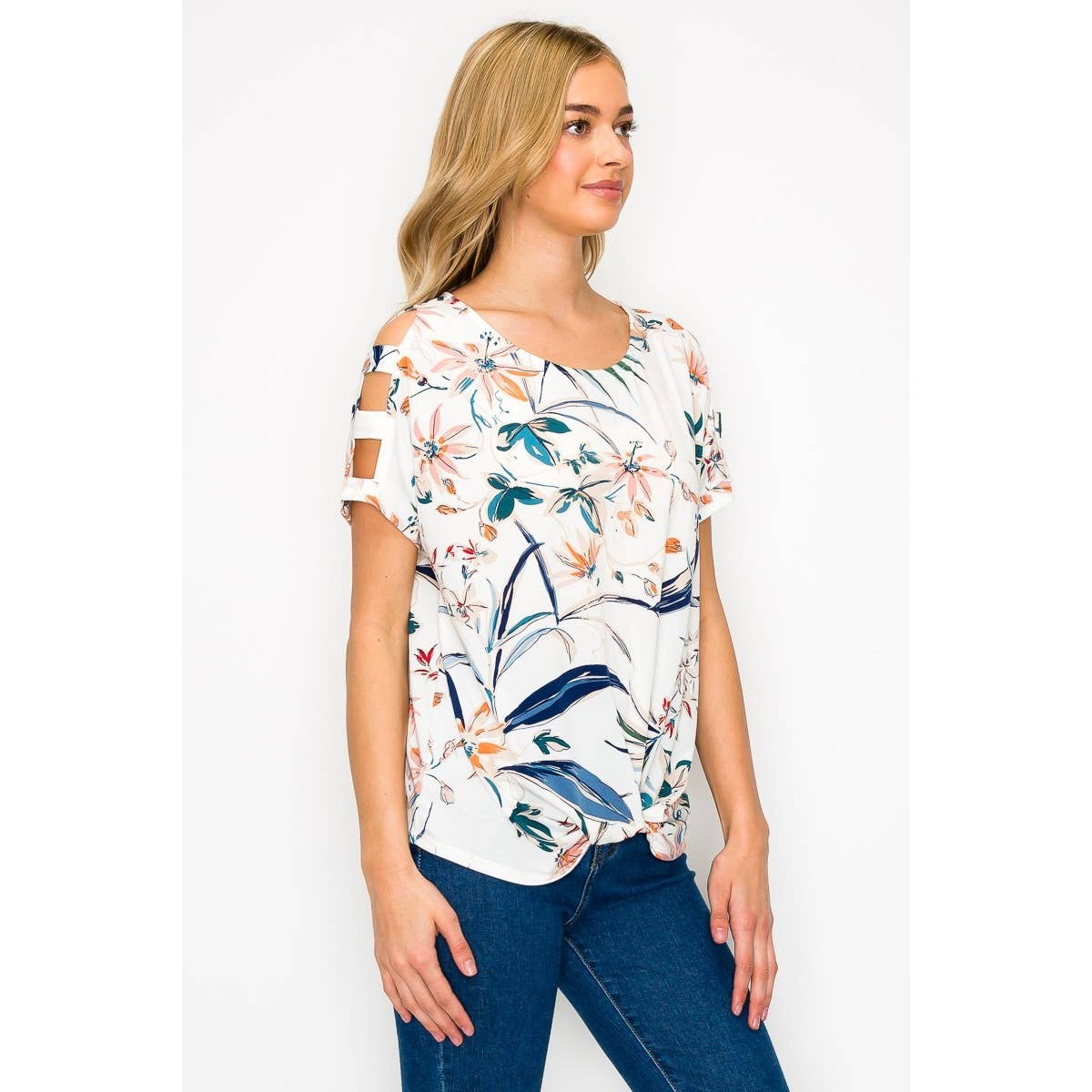 Perseption - Knot Front Cold Shoulder Short Sleeve Printed Top