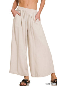 42POPS - ",,, WOVEN PLEATED LINEN BLEND WIDE LEG PANTS