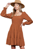 Brown Long Sleeve Smocked Tiered Boho Dress