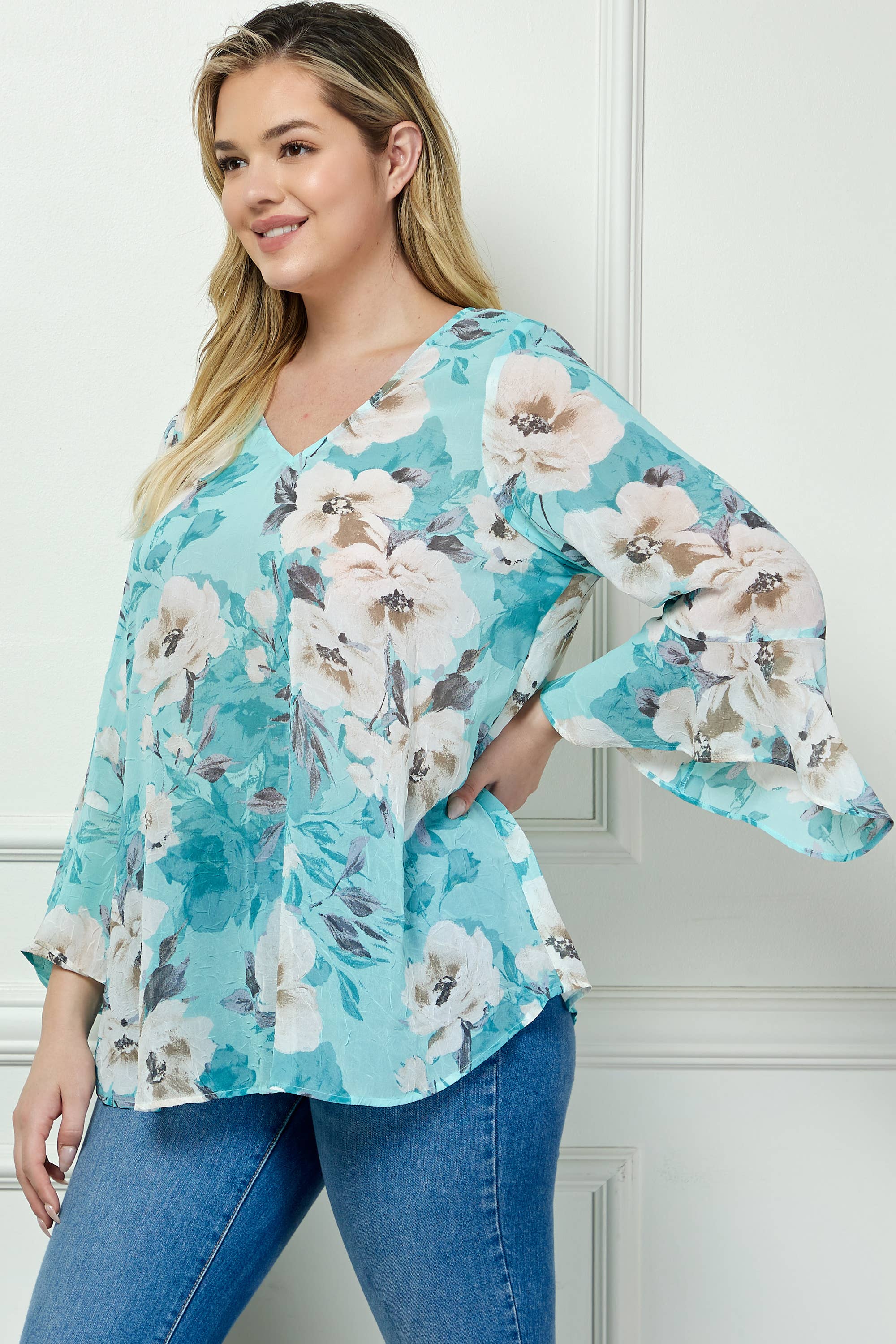 Winslow Collection - PLUS SIZE RUFFLE SLEEVE V-NECK SWING TOP