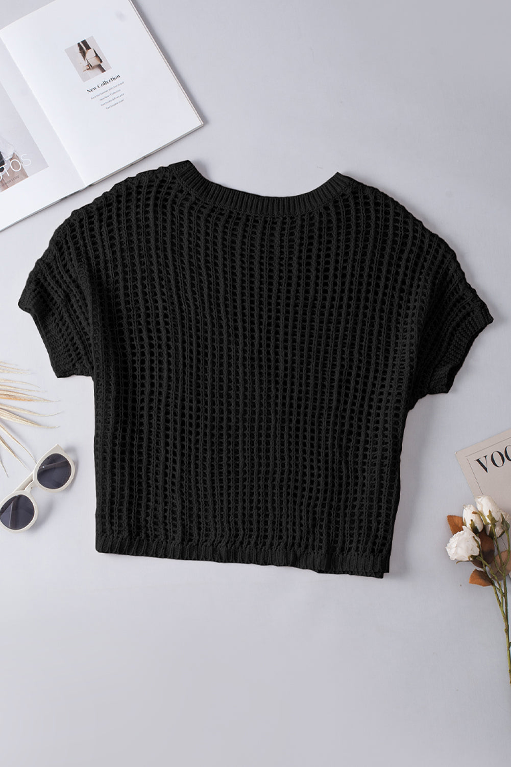 Apricot Fishnet Knit Ribbed Round Neck Short Sleeve Tee