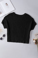 Apricot Fishnet Knit Ribbed Round Neck Short Sleeve Tee