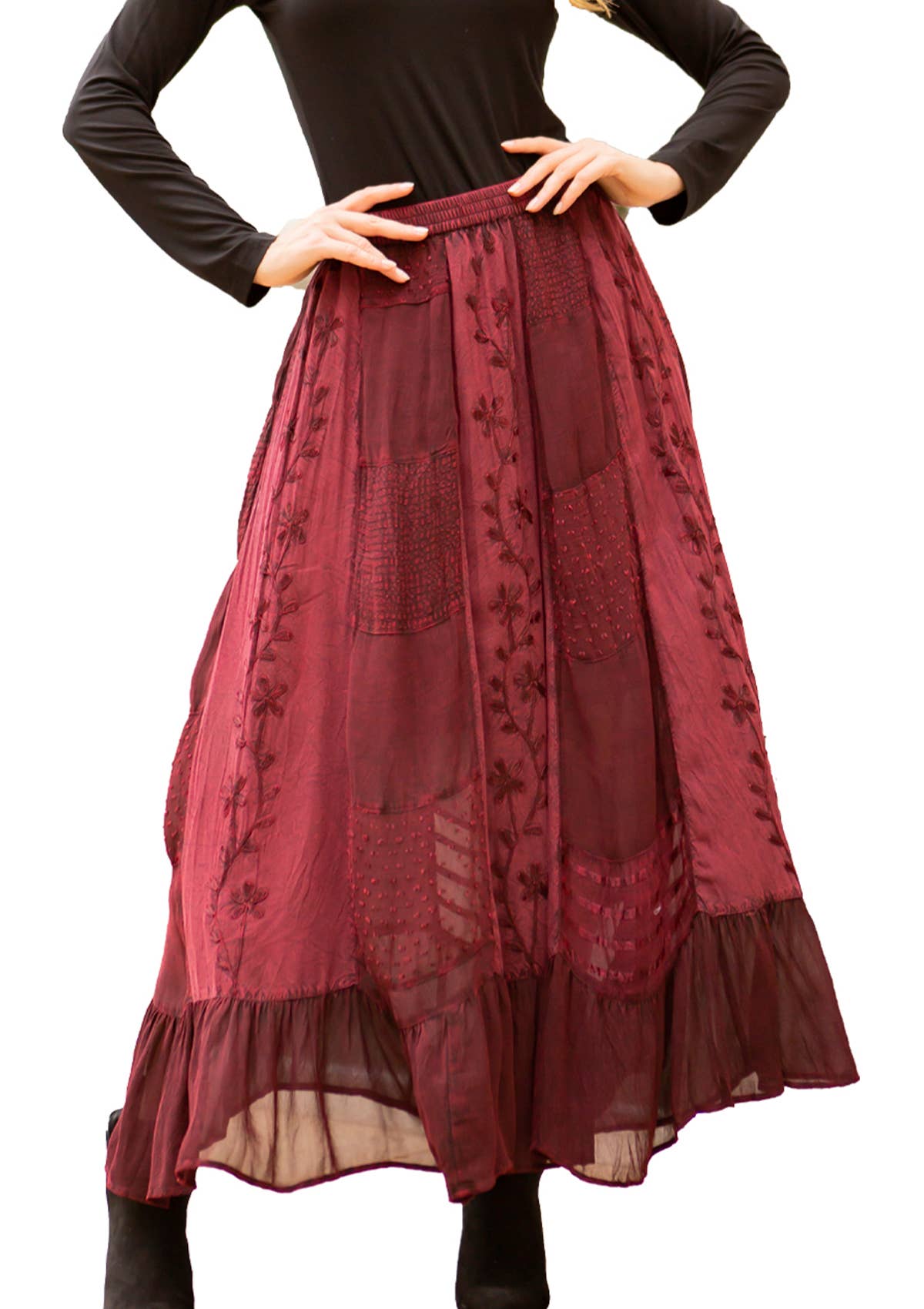 Young Threads - Women Patchwork Embroidered Grey Maxi Skirt With Side Pockets