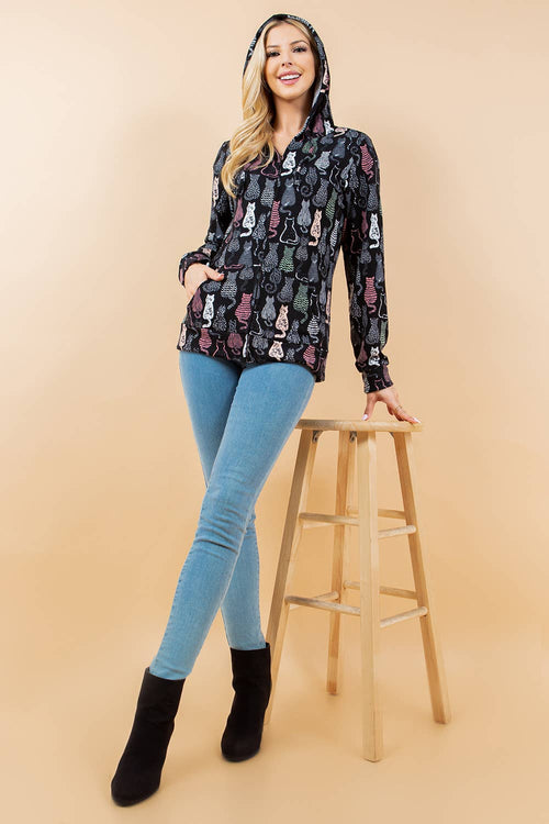 Cat Facing Backward Adorable Print Zipper Hoodie