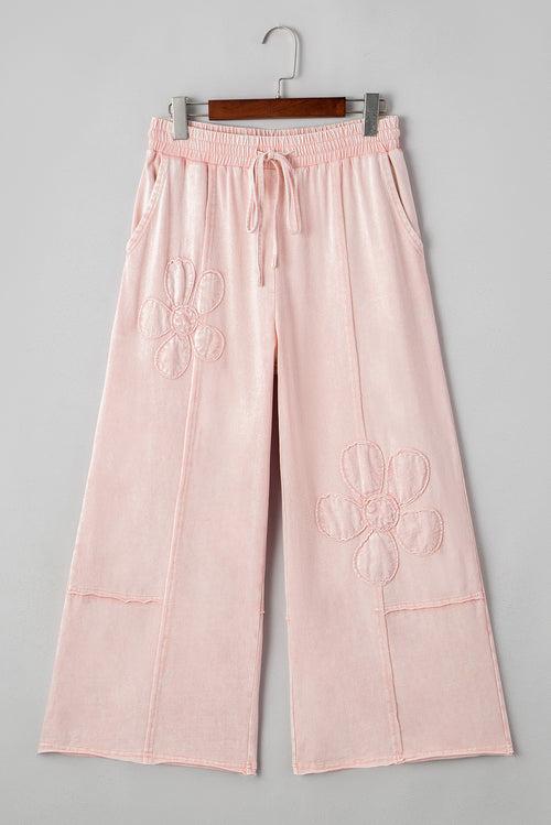 Pink Flower Patch Mineral Washed Cropped Wide Leg Pants