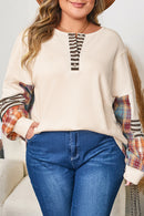 Parchment Plus Size Waffle Colorblock Striped Plaid Patchwork Half Button Pullover