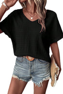 Bright Pink Textured Rolled Short Sleeve V Neck Blouse