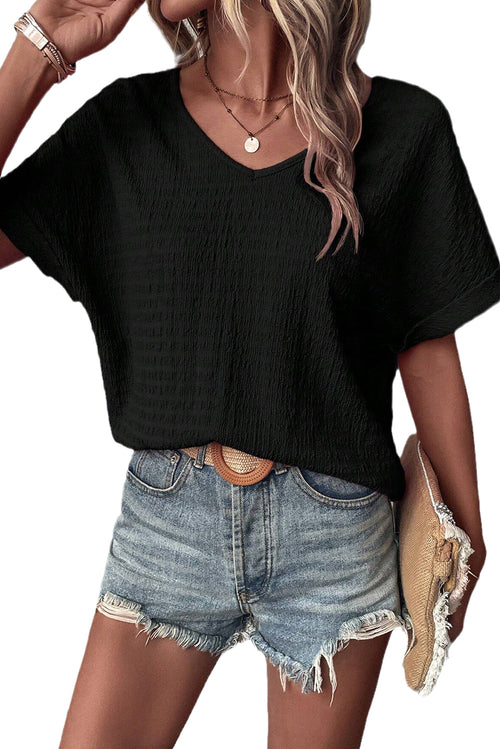 Bright Pink Textured Rolled Short Sleeve V Neck Blouse