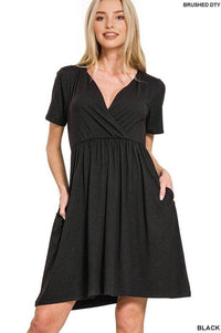 42POPS - 0719 Brushed Dty Buttery Soft Fabric Surplice Dress w/ pockets SI