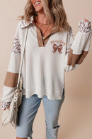 White game day Bow Embroidered Leopard Patchwork Collared Top