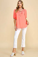 Shopin LA - ST4082D - WOMEN SOLID PUFF SHORT SLV WOVEN TOP W TIE DETAIL