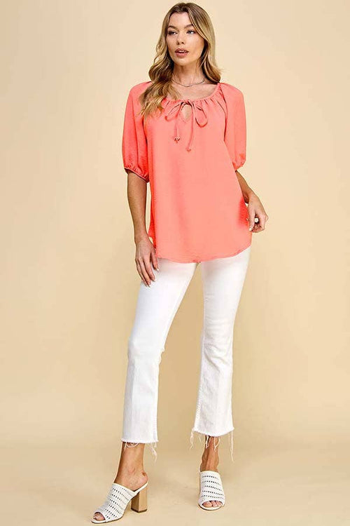 Shopin LA - ST4082D - WOMEN SOLID PUFF SHORT SLV WOVEN TOP W TIE DETAIL